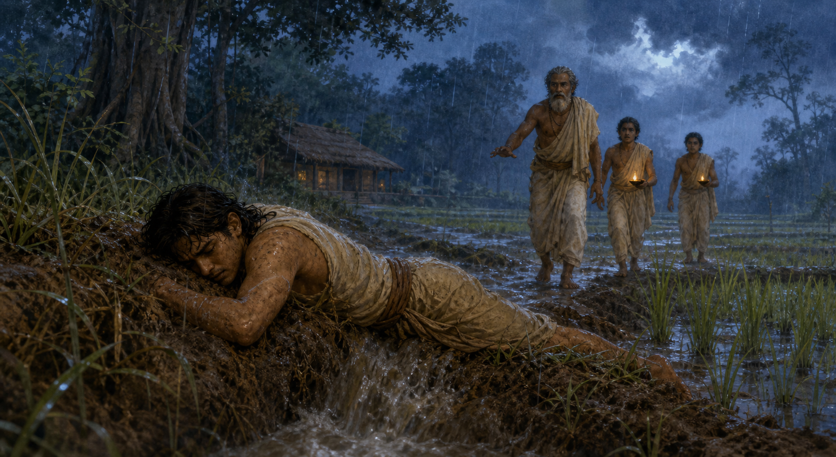 Aruni lies across a breach in a rain-soaked earthen field dike as his teacher and two students approach with oil lamps.