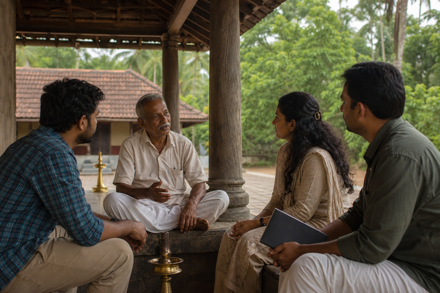 An older community custodian speaks with younger visitors under a shaded veranda in a Kerala temple courtyard.