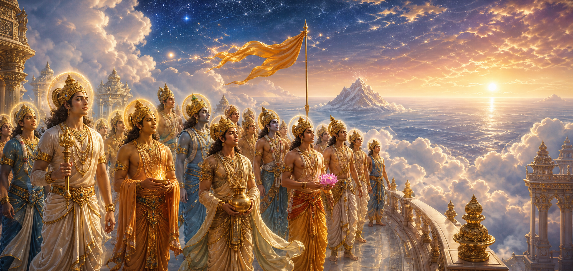 A radiant assembly of Hindu celestial beings stands above a cosmic ocean, with a distant mountain rising from the water.