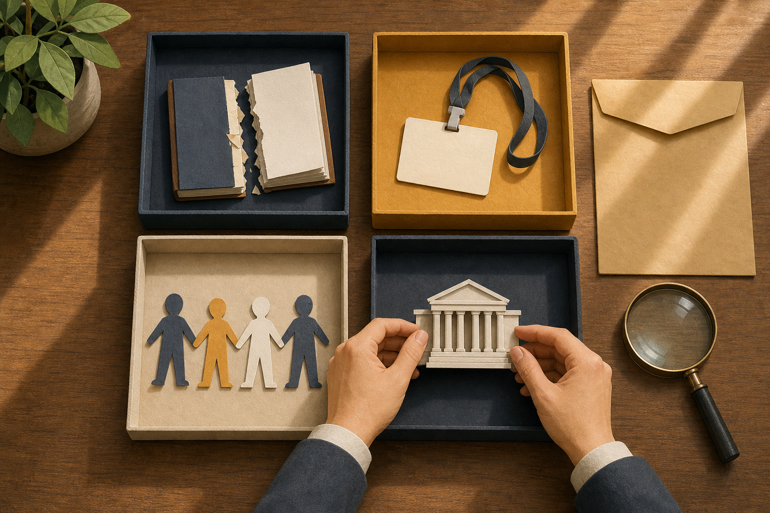 An investigator sorts a damaged book, an identification badge, a courthouse model, and linked figures into separate trays beside a magnifying glass.