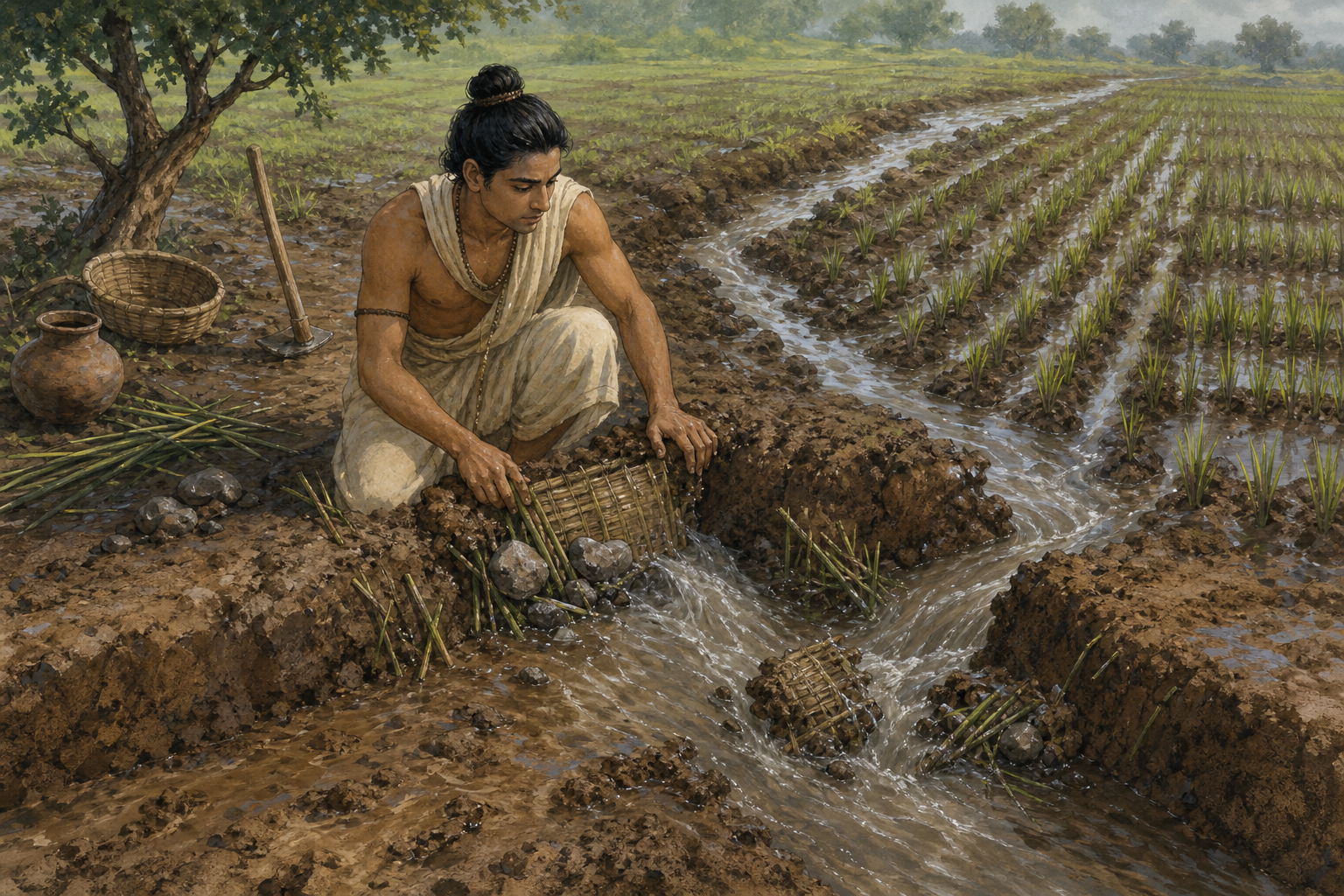 Aruni studies flowing water and tries to repair a breached field dike with clay, stones, reeds, and a woven mat.