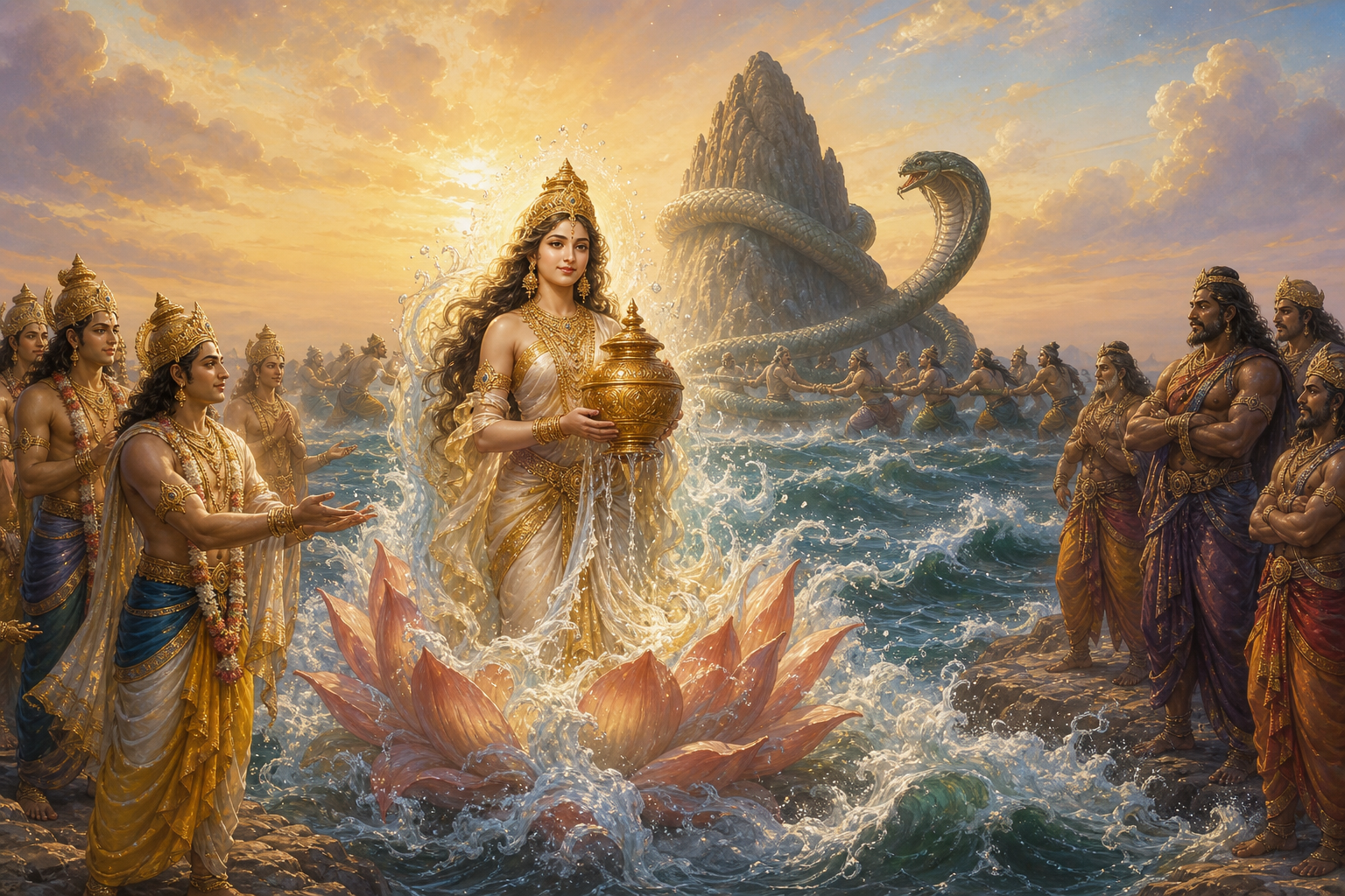 Varuni rises from the churning cosmic ocean with a golden vessel as Devas welcome her and Asuras remain apart.