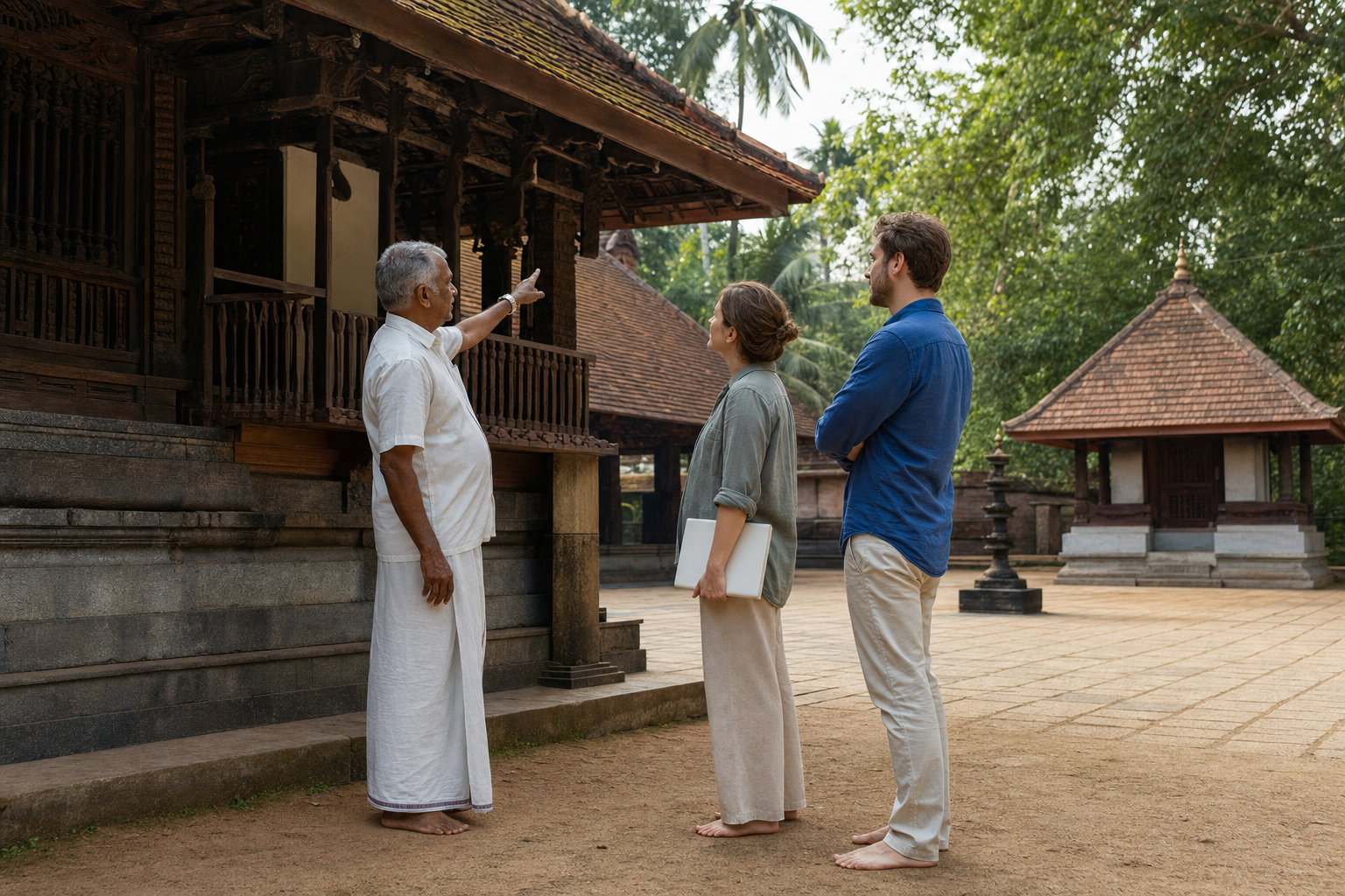 A temple custodian speaks with two attentive visitors in the outer courtyard of a traditional Kerala temple.