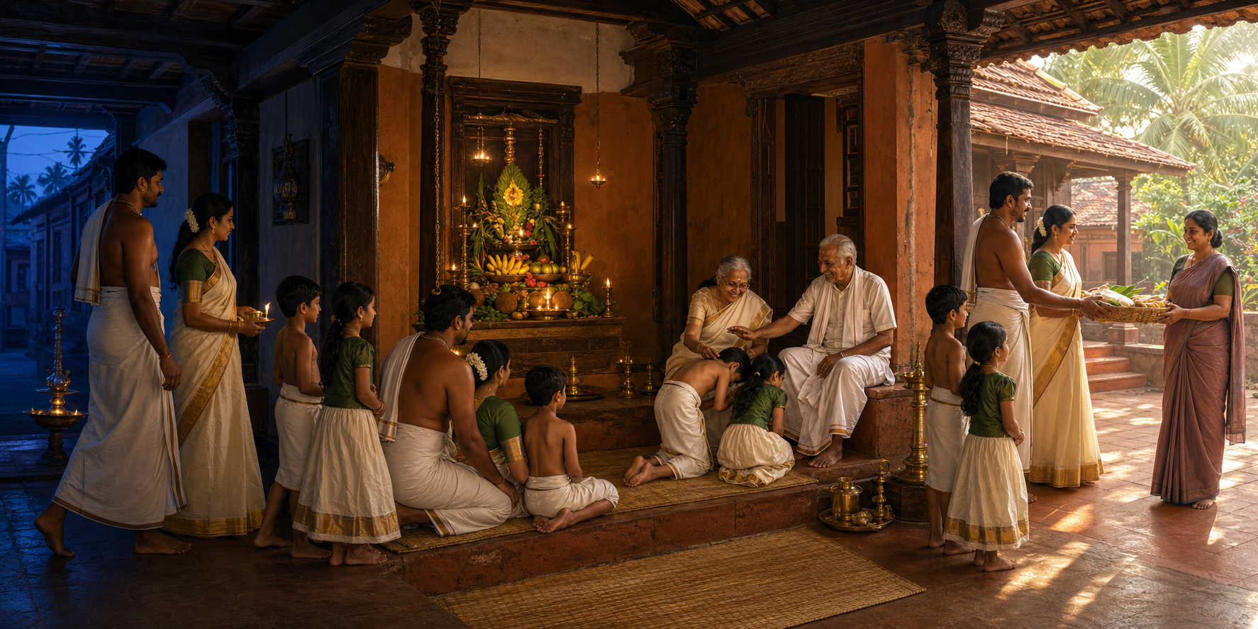A four-part scene shows a Tuluva family viewing the Bisu Kani, receiving elders' blessings, worshipping and sharing food on Bisu morning.