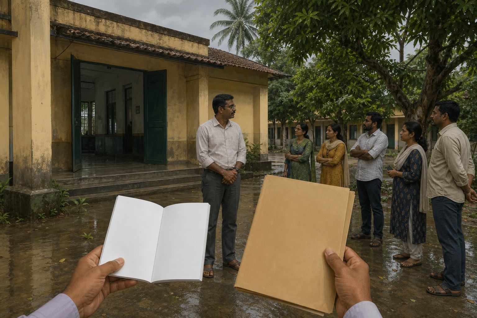 A school employee stands outside a generic government school while an administrator compares an unmarked policy booklet with an evidence folder.