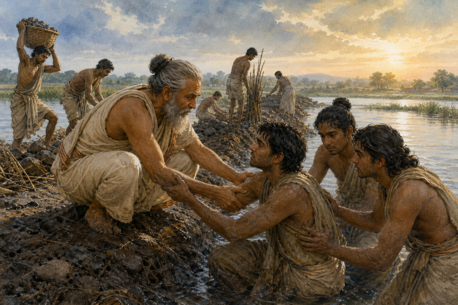 A guru and fellow students help Aruni stand while others repair the muddy breach with soil, stones, and reeds.