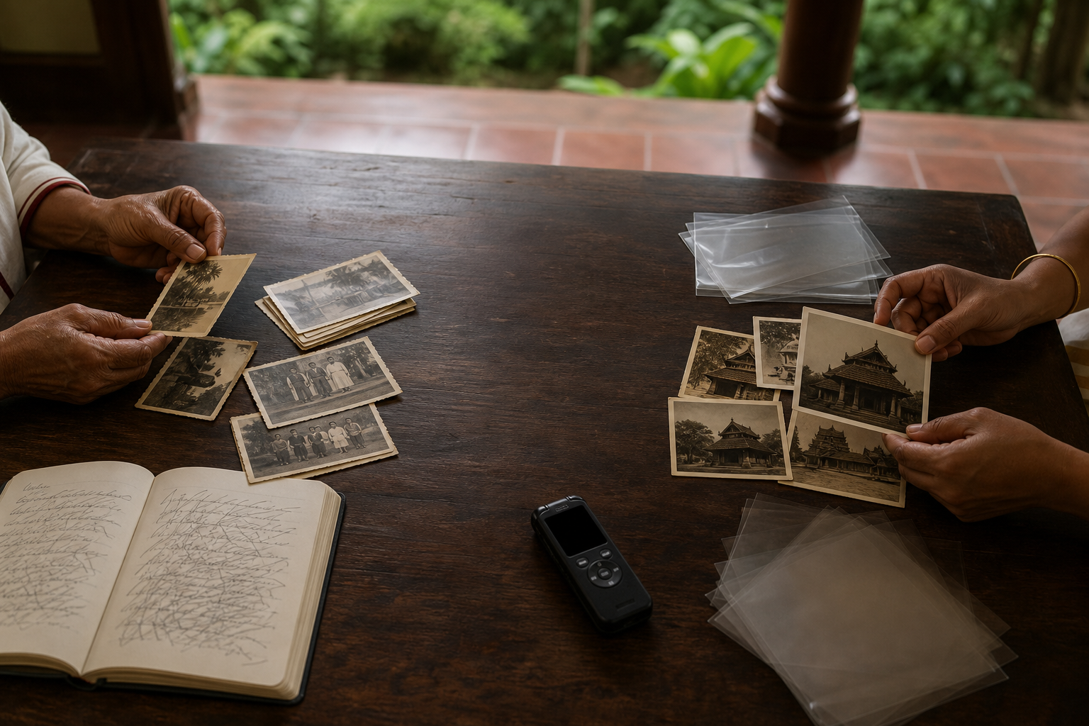 Hands organize separate groups of family photographs, archival sleeves, a notebook, and an audio recorder on a wooden table.