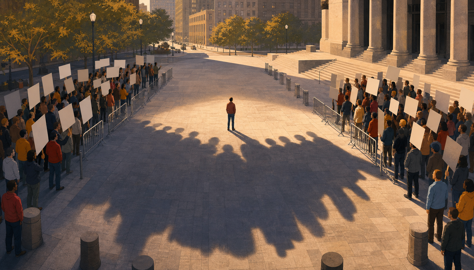 Protesters and attendees stand on opposite sides of an urban plaza while their crowd casts one large merged shadow toward a single person.