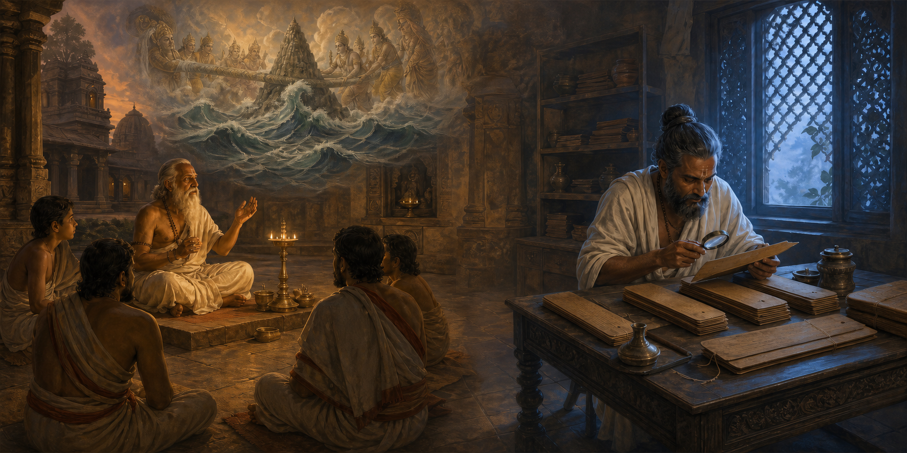 A storyteller recounts a sacred ocean tale beside a scholar examining palm-leaf manuscripts in a contrasting study scene.