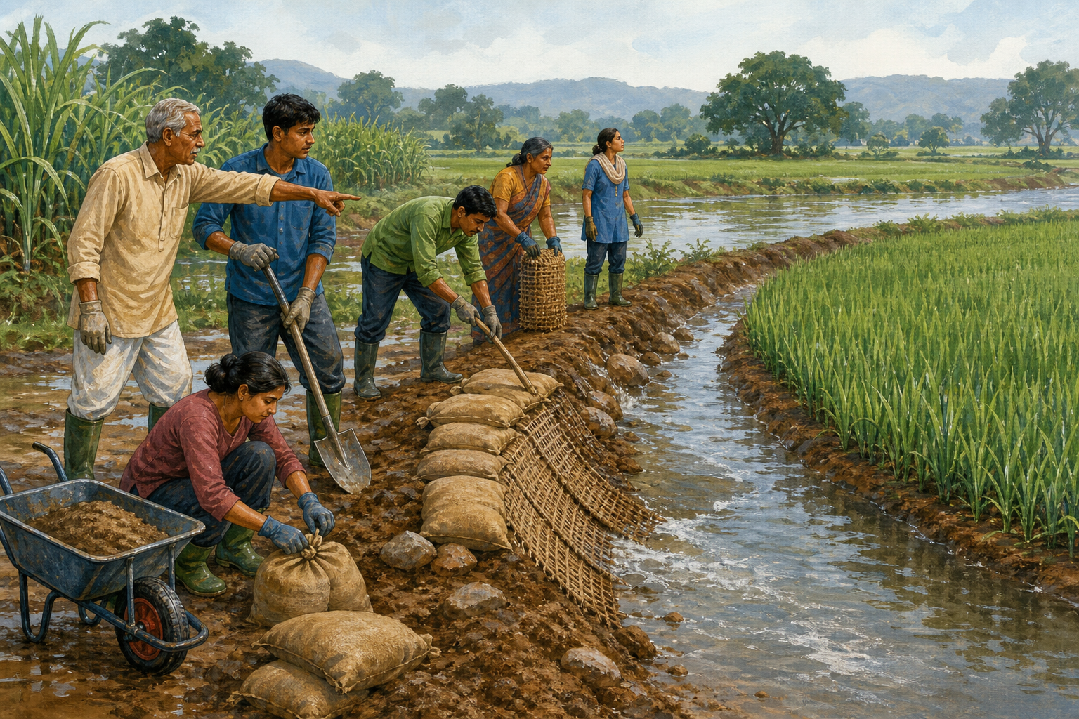 A supervised team safely repairs a leaking irrigation embankment with sandbags, tools, and erosion mats beside green crops.