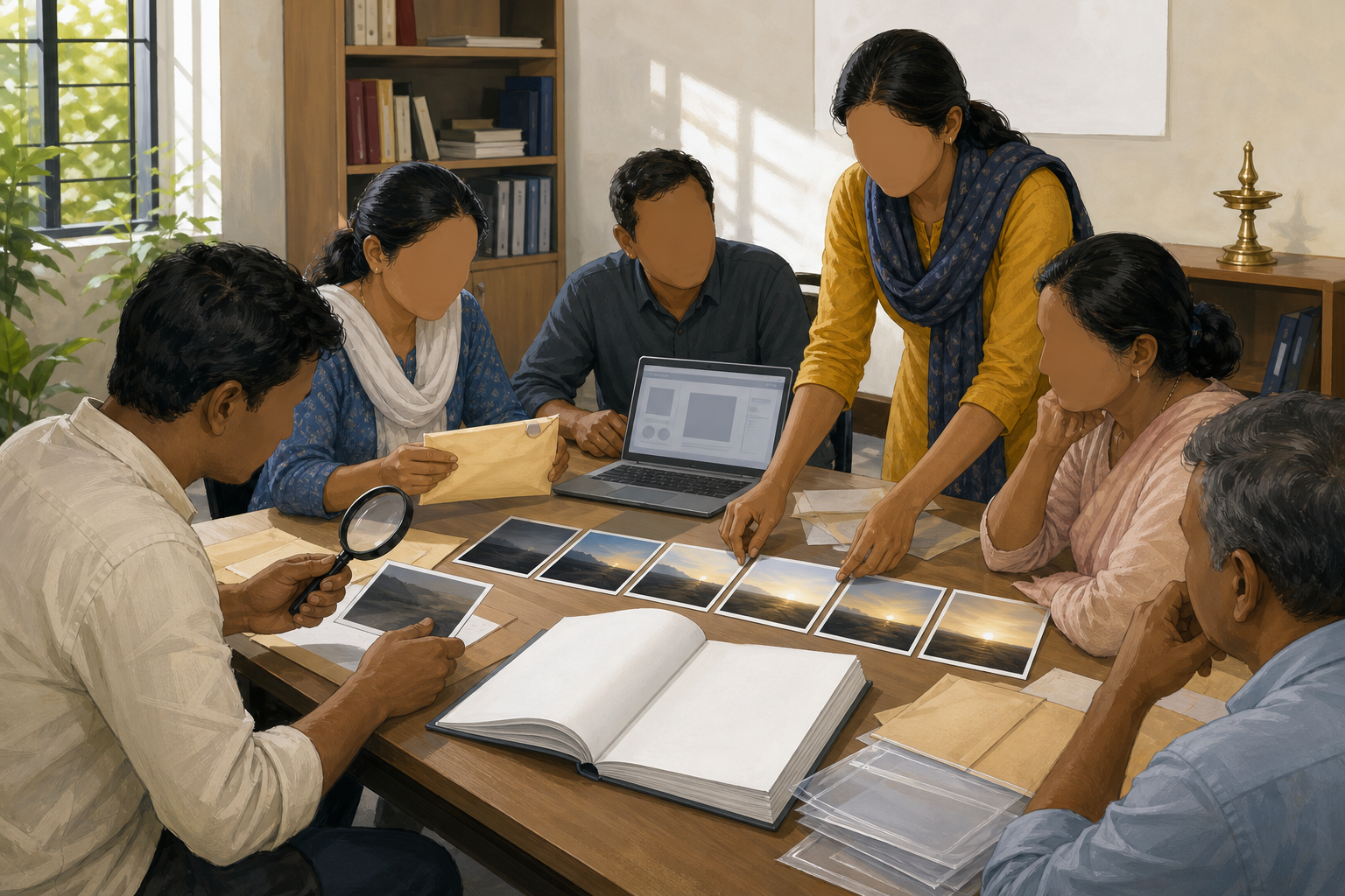 A diverse group reviews evidence envelopes, photographs, a blank policy booklet, and a laptop around a table in a community legal clinic.