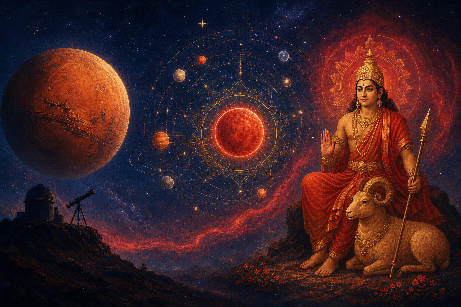 A physical view of Mars, a symbolic red planetary orb, and a serene figure of Mangal with a ram appear in three connected parts of one illustration.