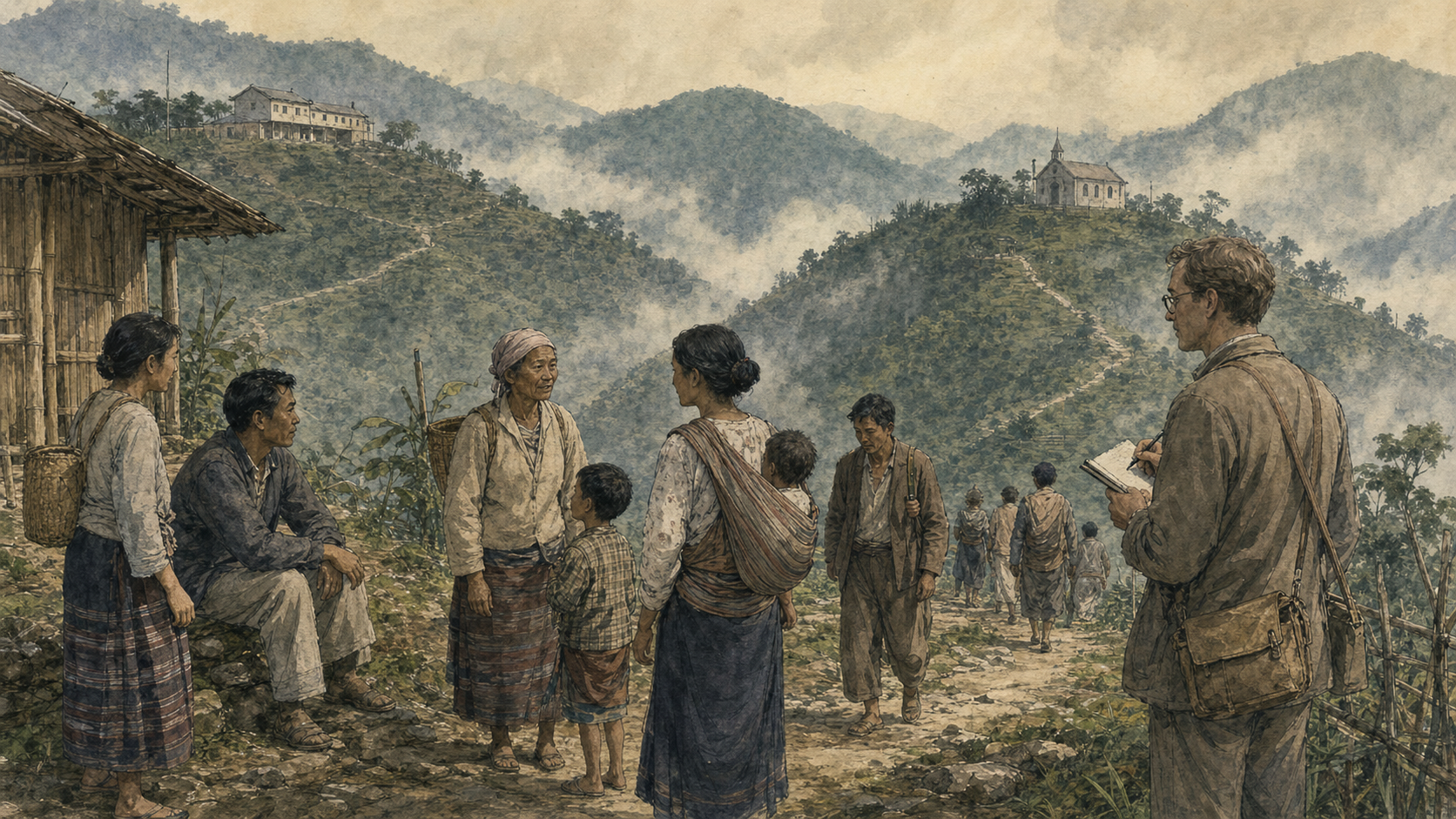 Northeast Indian residents stand in the foreground of a layered hill landscape while a scholar-adviser, an administrative office and a small chapel appear separately in the distance.
