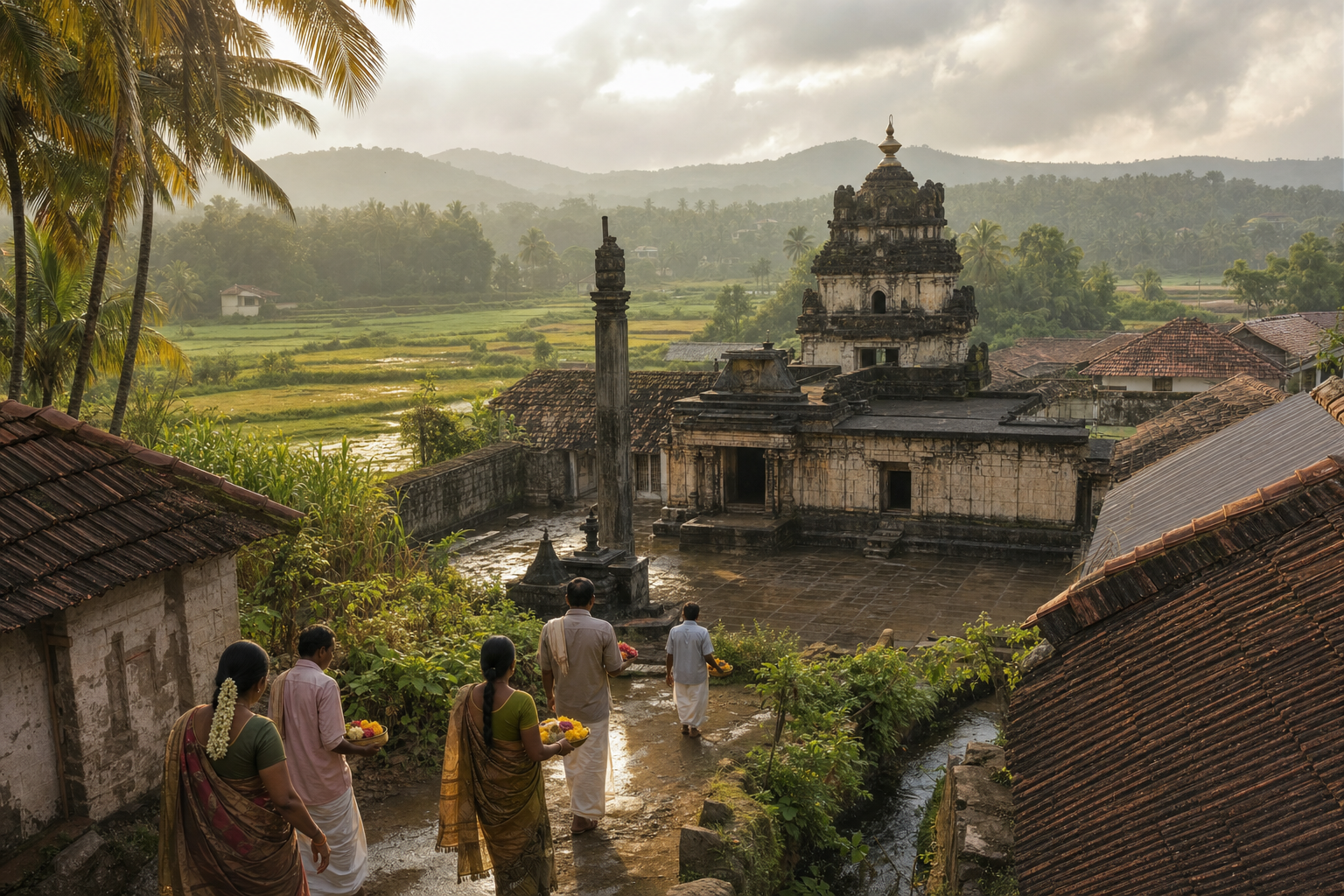 An old stone temple in Ummatturu surrounded by village houses, palm trees, cultivated fields, and worshippers carrying offerings at sunrise.
