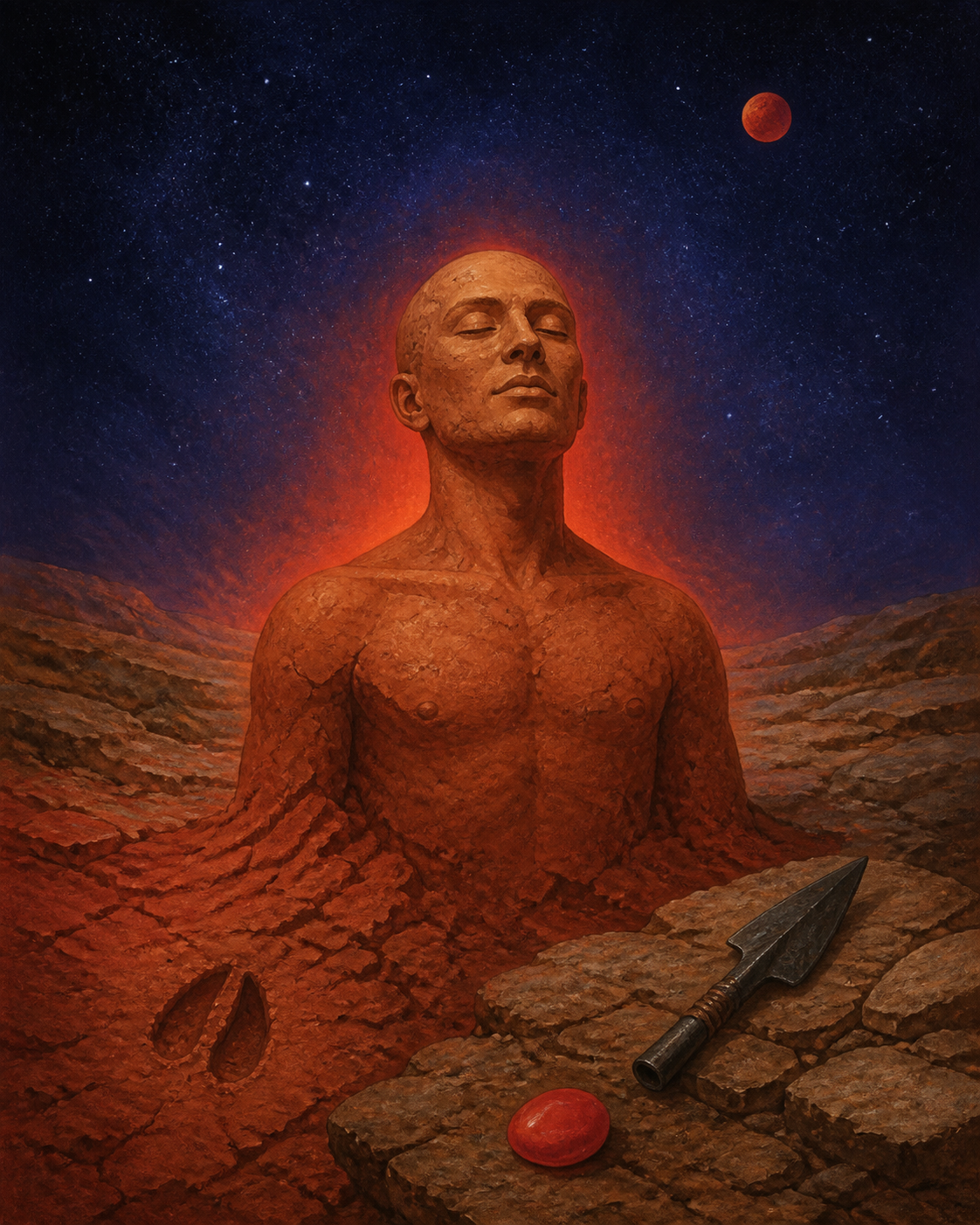 A terracotta human figure rises from red earth beside a ram hoofprint, an iron spearhead, and a coral-colored stone under a starry sky.