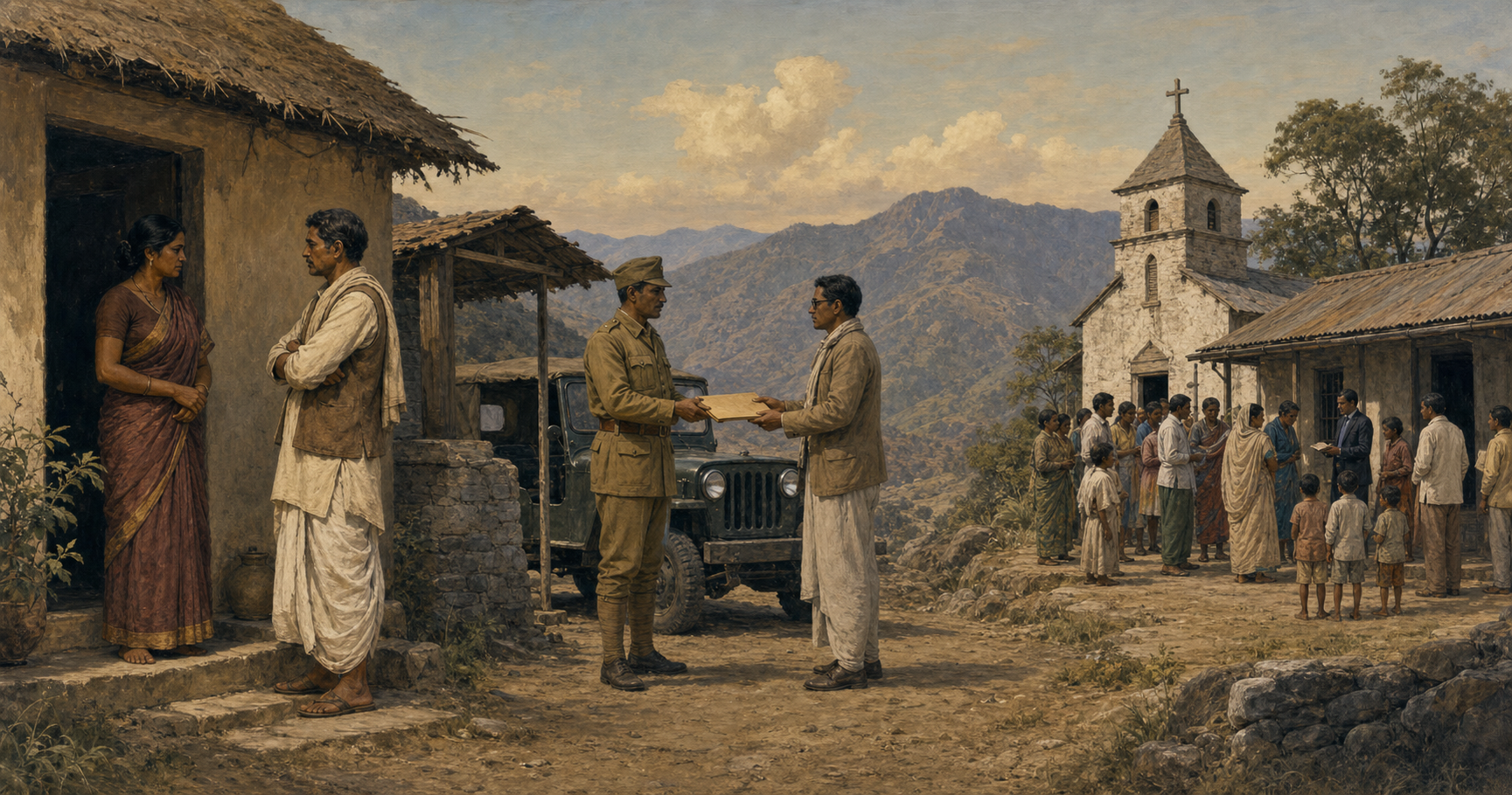 Three separated historical scenes show a private conversation, an official permit exchange at a hill checkpoint and a community gathering outside a chapel.