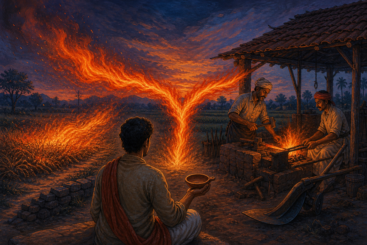 One central flame divides into an uncontrolled grass fire on one side and a contained forge used to shape a farming tool on the other.