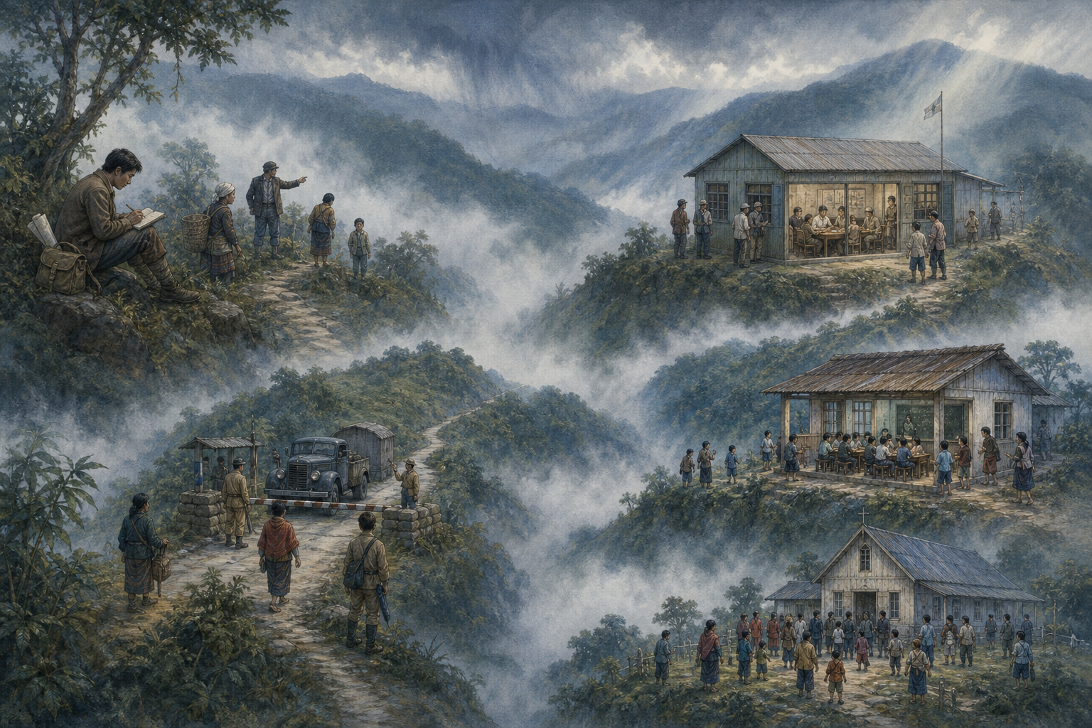Separate mountain ridges contain scenes of fieldwork, government administration, travel, schooling and worship, with a path disappearing into mist between them.
