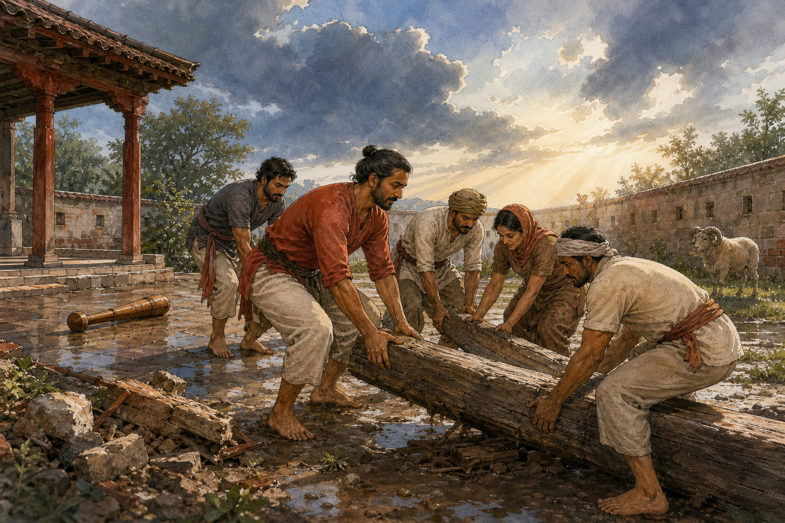 A calm practitioner trains with a wooden mace at dawn and then helps neighbors lift a fallen beam from a path.