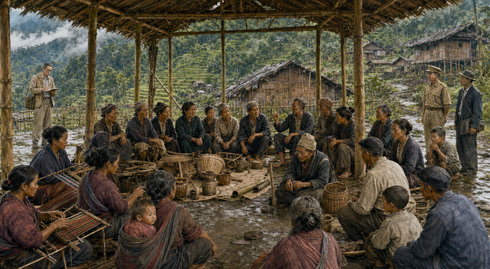 Women and men of several generations lead a meeting beneath a bamboo shelter while an anthropologist, an official and a missionary remain at the edges.