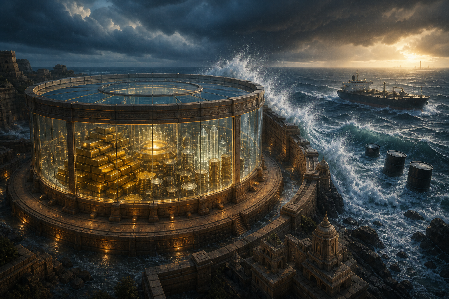 A fortified glass reservoir containing gold bars and unmarked financial assets stands against storm waves, an oil tanker, and plain oil barrels.