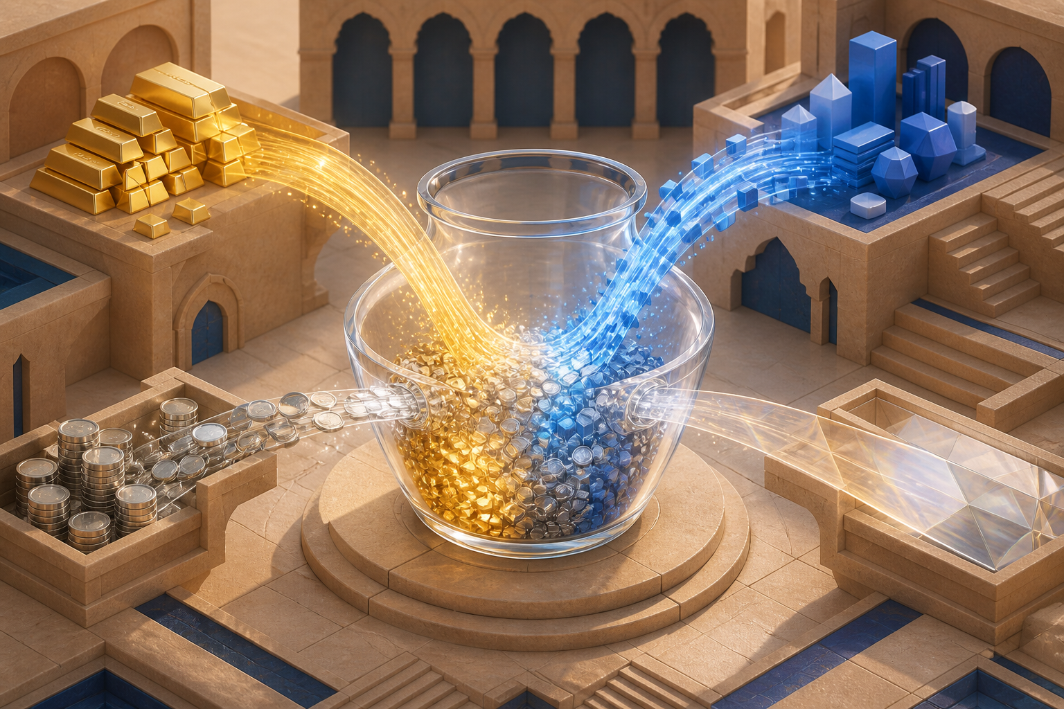 Several unlabeled streams representing gold, foreign securities, currency assets, and valuation changes flow into a transparent reserve vessel.