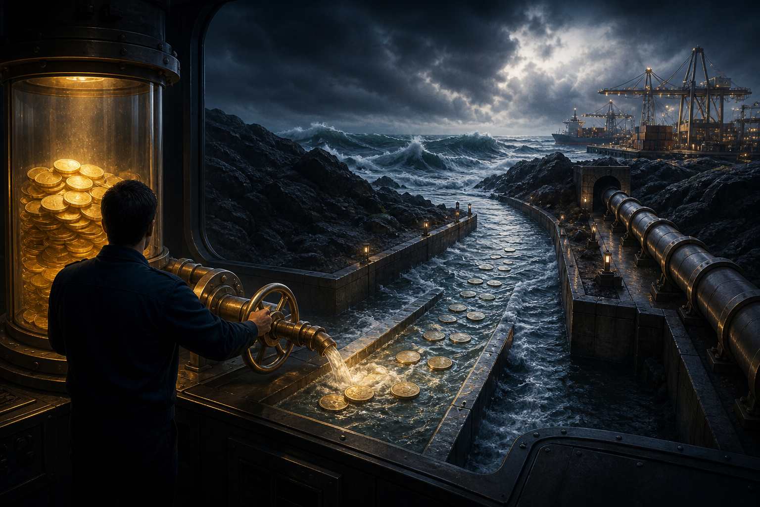 An anonymous operator adjusts a valve from a glowing reserve chamber to steady a turbulent financial channel near a cargo port.