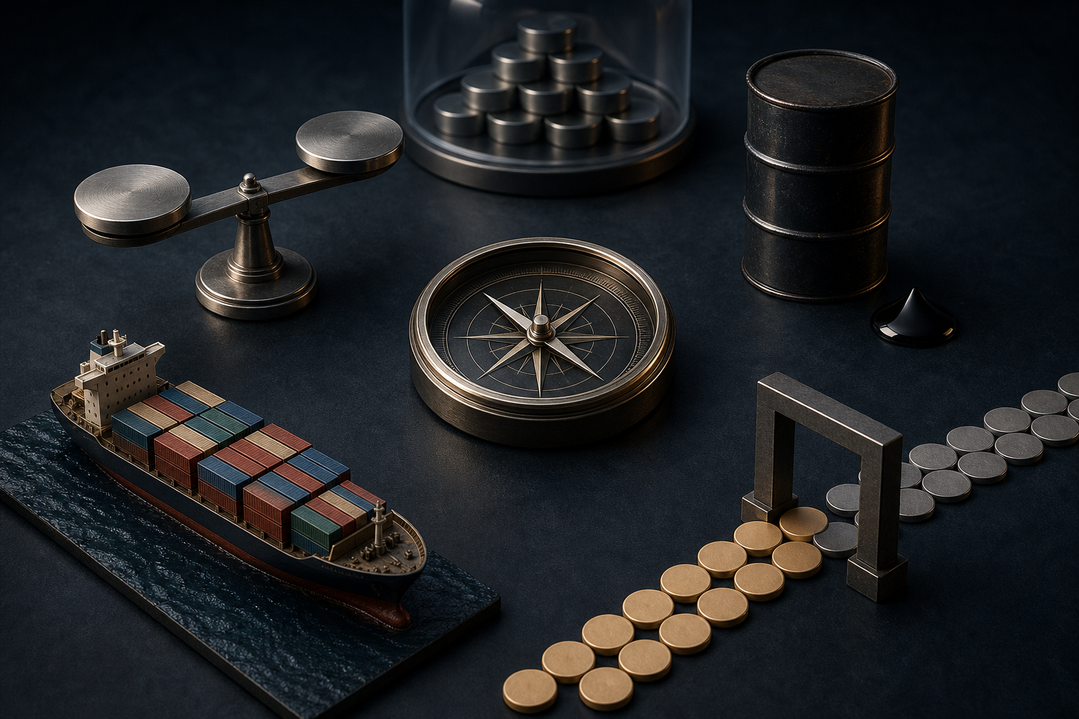A compass is surrounded by an exchange balance, an oil barrel, a cargo ship model, and unmarked tokens moving through a gateway.
