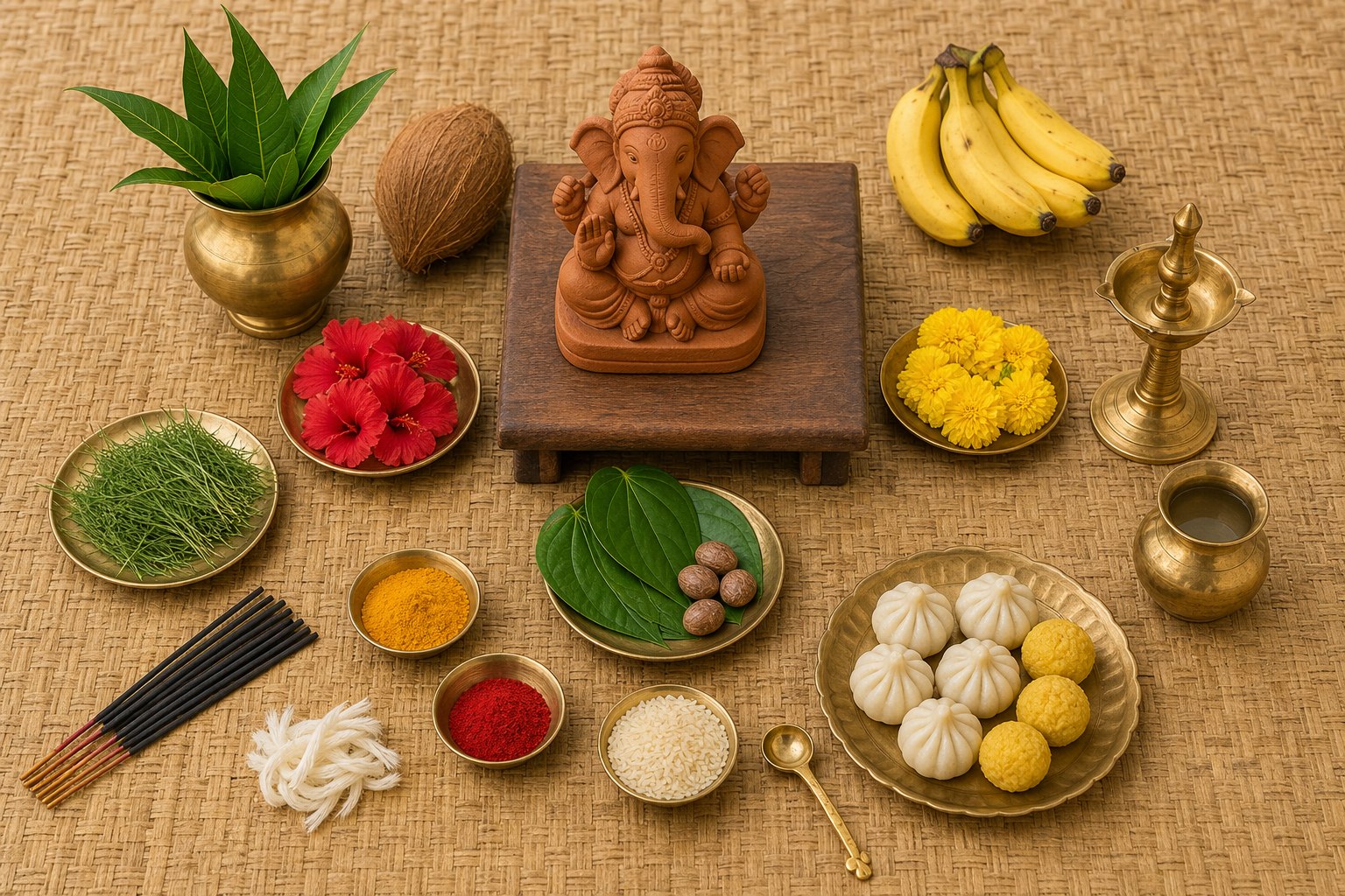 Puja materials arranged around a clay Ganesha murti, including flowers, durva grass, fruit, coconut, rice, a kalasha, incense, and a brass lamp.