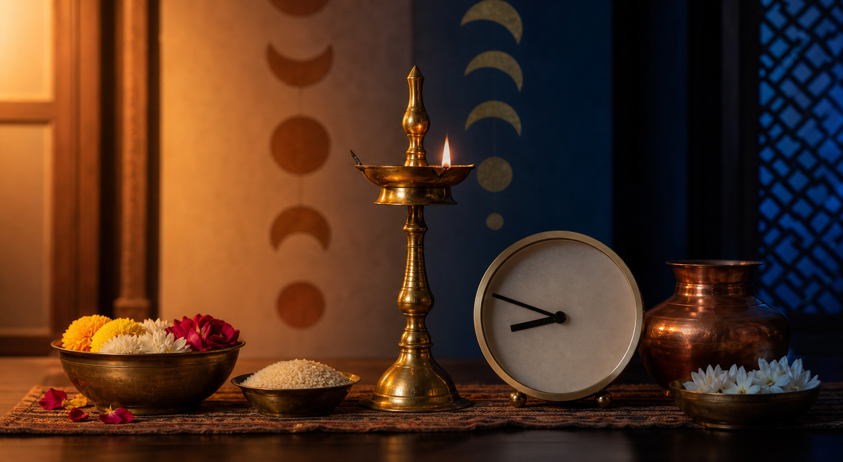 A brass oil lamp, puja vessels, flowers, rice, and an unnumbered clock arranged in a prayer space transitioning from amber dusk to indigo evening.