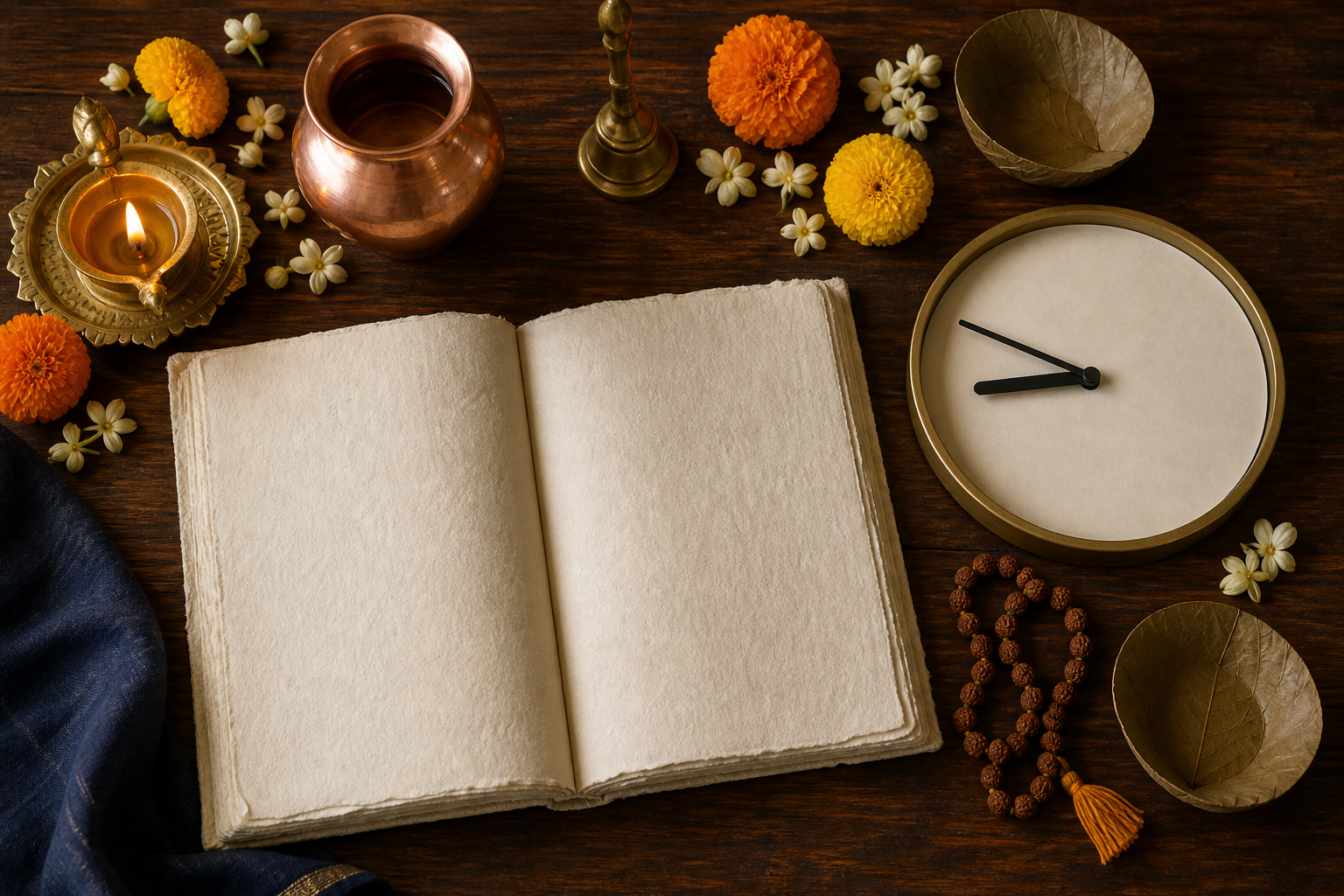 An overhead view of a blank almanac, an unnumbered clock, a brass lamp, flowers, prayer beads, and a copper vessel on a wooden table.
