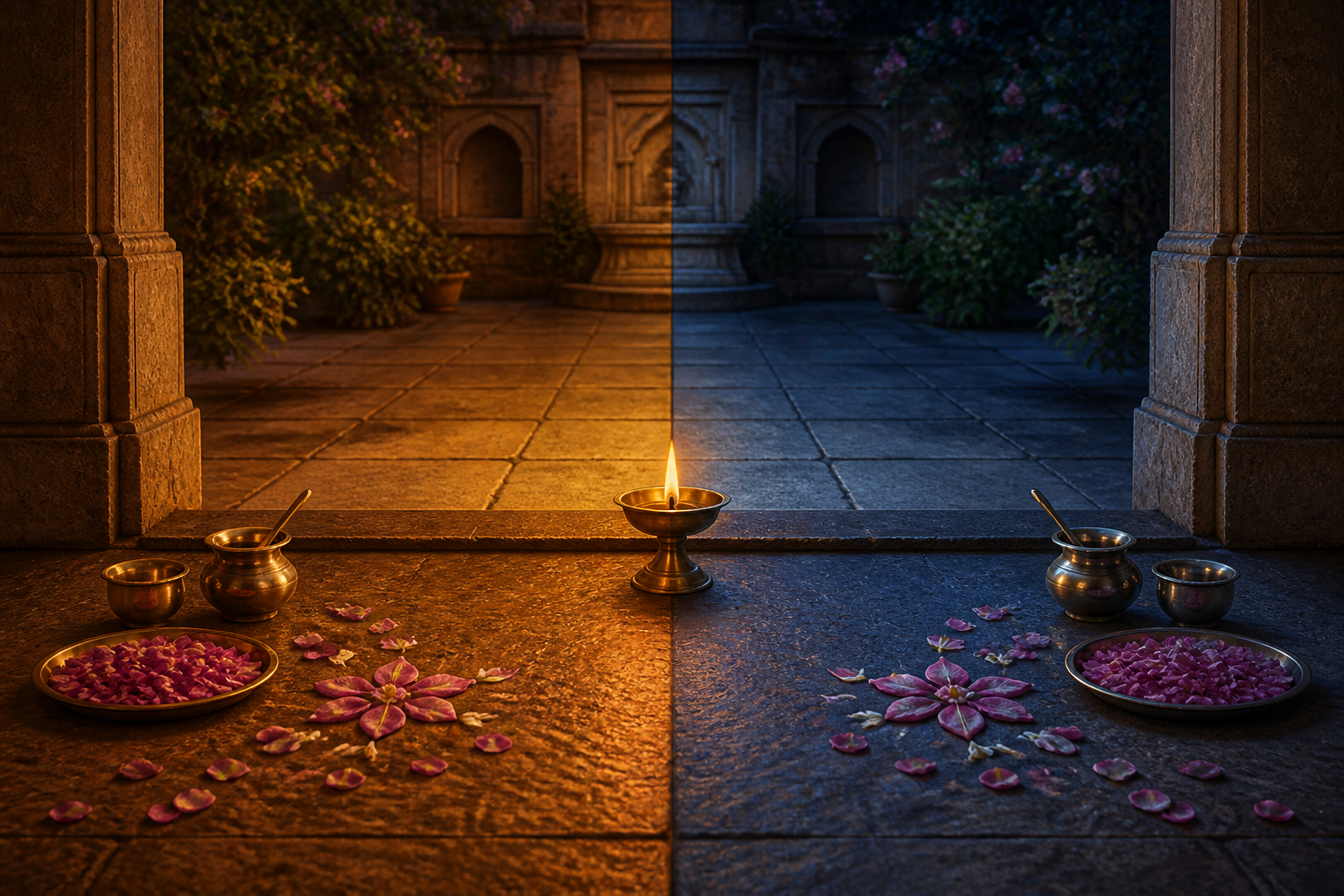 A brass oil lamp rests on a courtyard threshold between equally simple warm-lit and cool-lit spaces with flowers and puja vessels.
