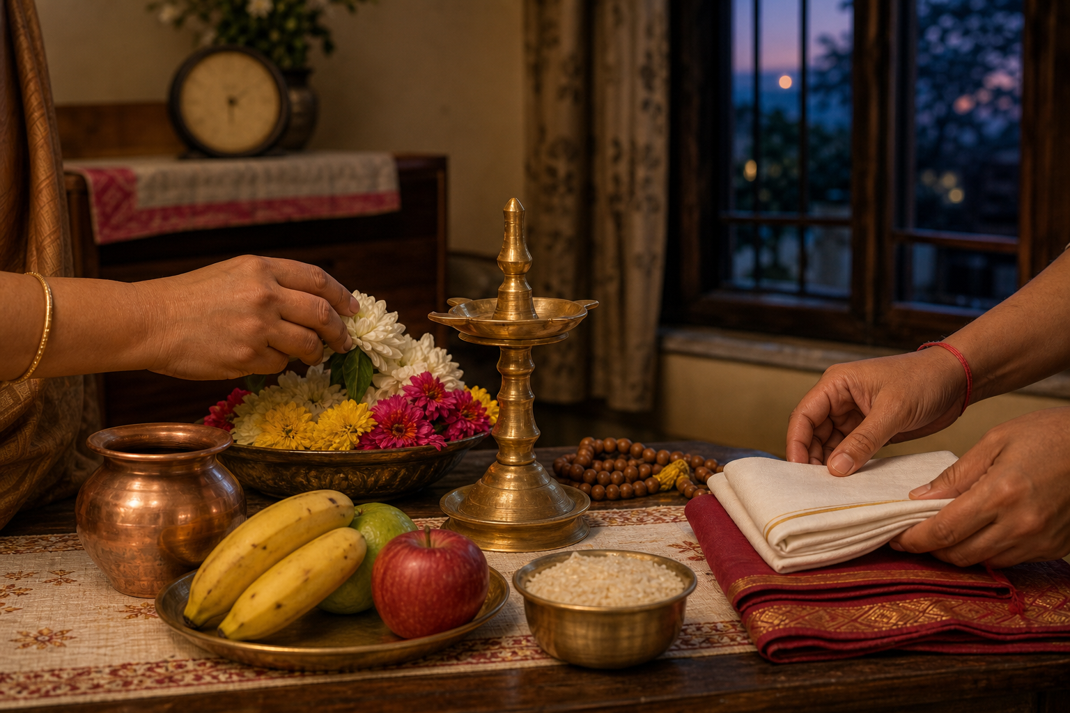 Two pairs of hands arrange a brass lamp, flowers, fruit, rice, cloth, prayer beads, and a copper water pot for an evening observance.