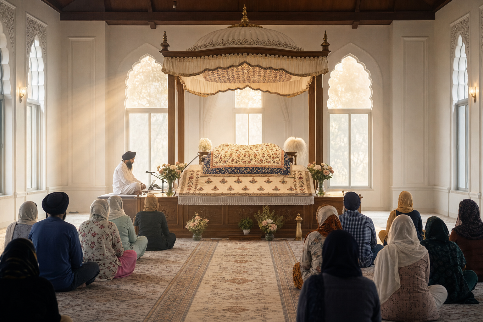 A Sikh congregation sits facing the Guru Granth Sahib beneath a canopy in a gurdwara prayer hall illuminated by dawn light.