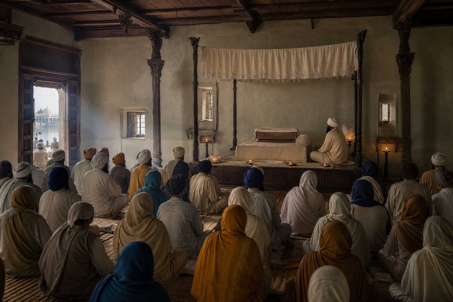 An artistic reconstruction shows a seventeenth-century Sikh congregation gathered around the Adi Granth beneath a simple canopy inside the early Harmandir Sahib.