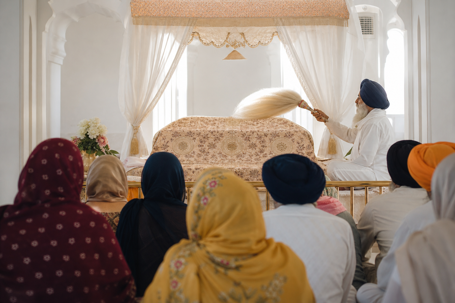 Covered worshippers sit attentively as a granthi serves beside the Guru Granth Sahib during prakash in a gurdwara.