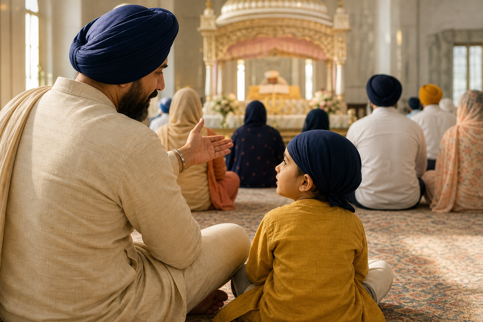 An adult with a covered head quietly guides a seated child as they look toward the Guru Granth Sahib in a gurdwara.