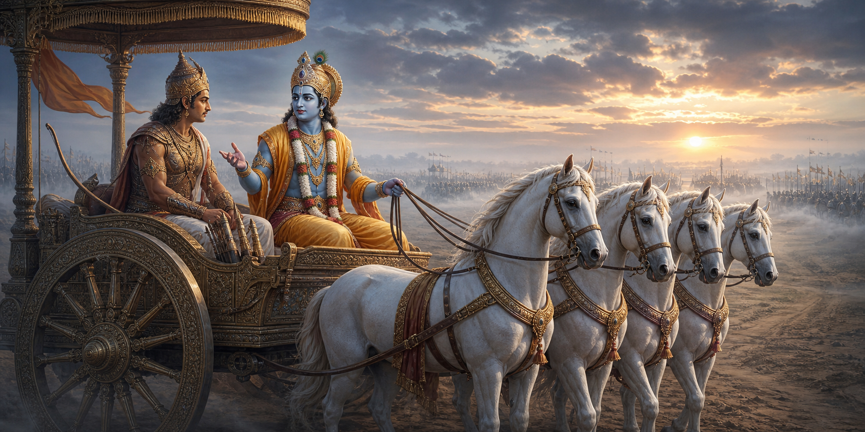 Krishna holds the reins of a four-horse chariot and counsels Arjuna, who sits with his bow lowered on a misty battlefield at sunrise.
