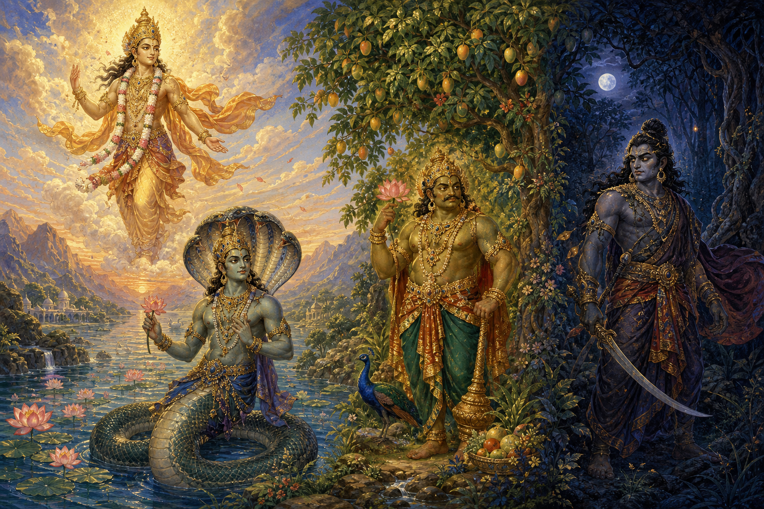 A deva in the sky, a naga in a lotus river, a yaksha beneath a fruiting tree, and a rakshasa at a forest edge occupy connected parts of one landscape.