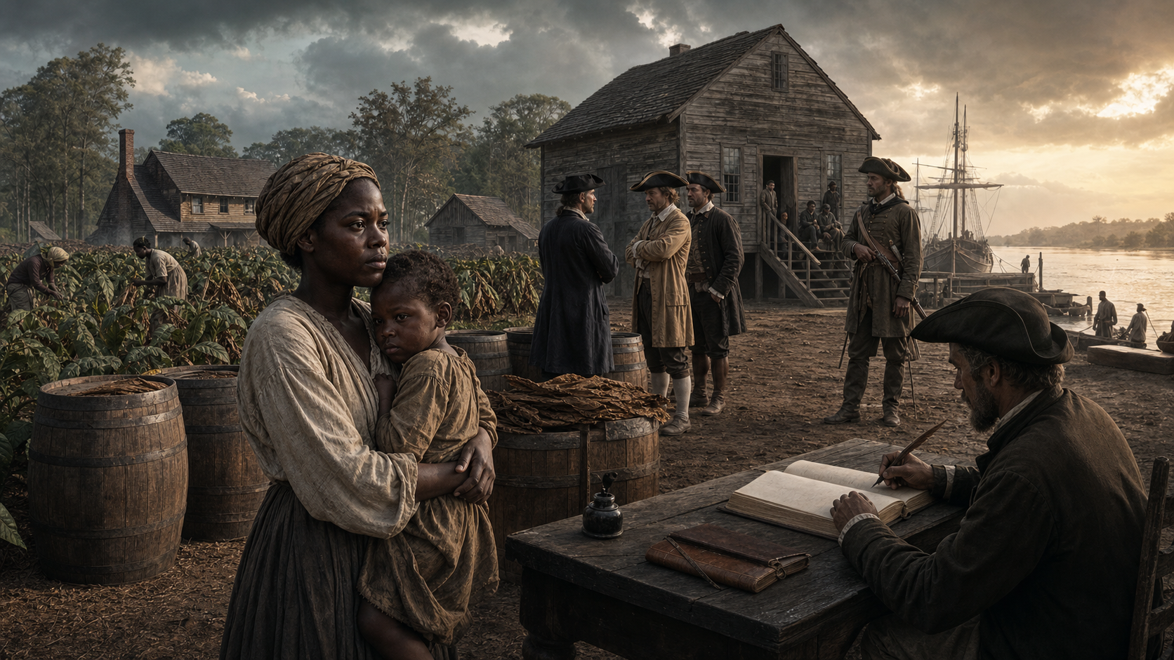 An African mother and child stand between a tobacco plantation, a colonial courthouse, and a river landing as a clerk, planters, and armed authorities conduct business nearby.