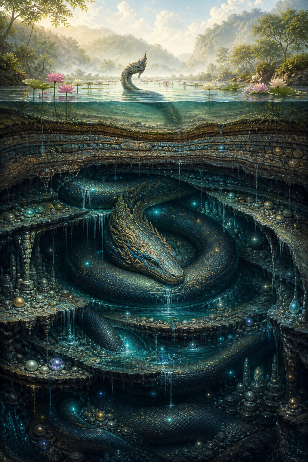 A cutaway landscape shows a calm lotus pond above an immense coiled Naga hidden among underground water, stones, and glowing pearls.