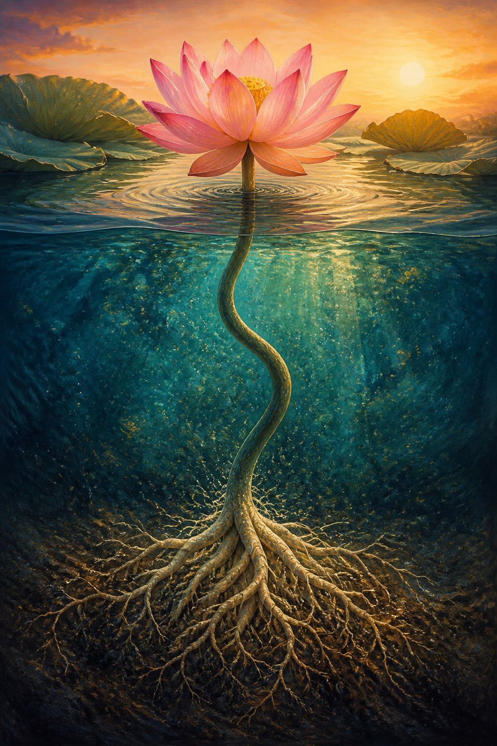 A pink lotus rises on a long stem from dark underwater silt and opens in sunlight above the surface.