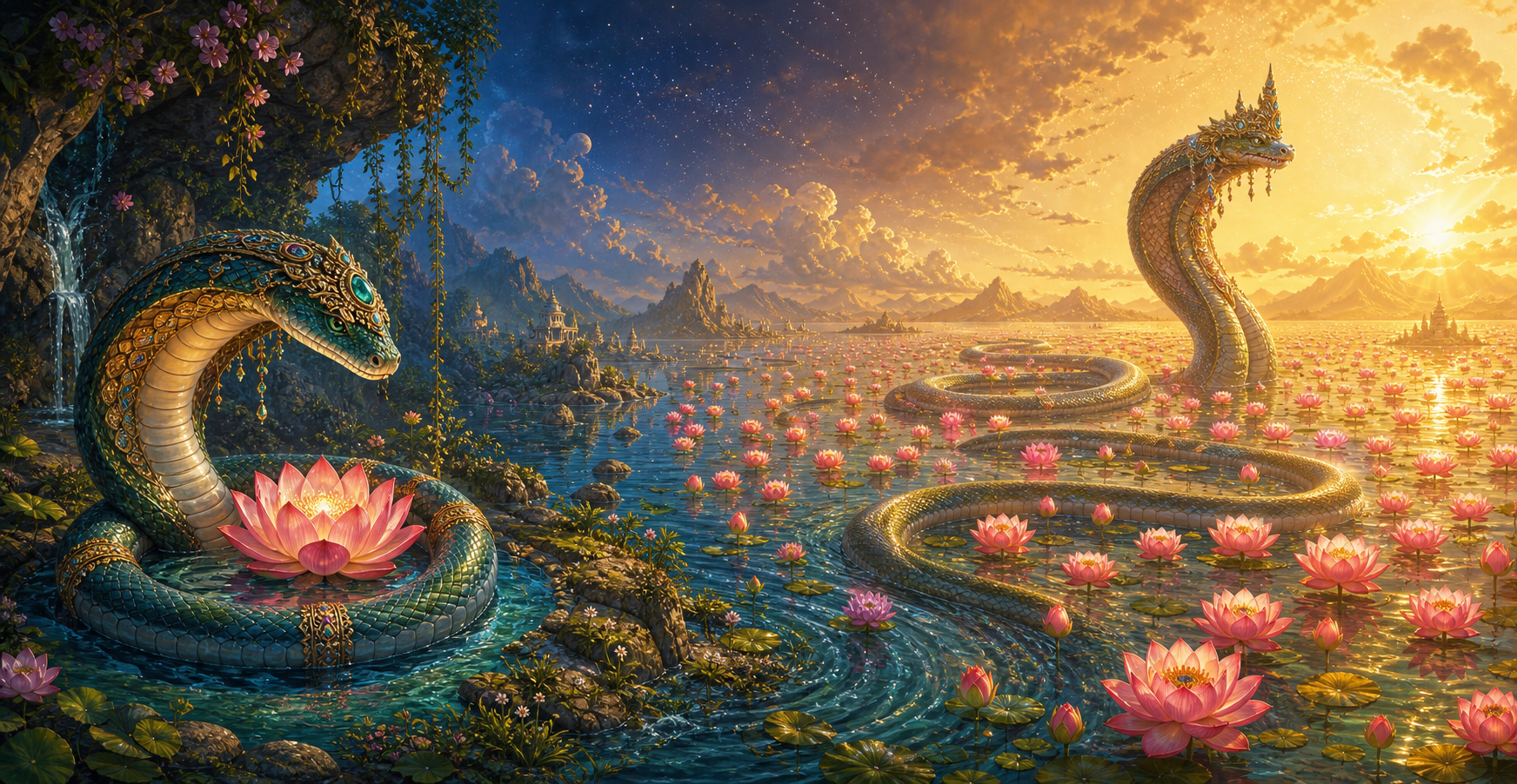 A small Naga and single lotus in a spring are contrasted with a monumental Naga moving through a vast cosmic lake filled with lotuses.