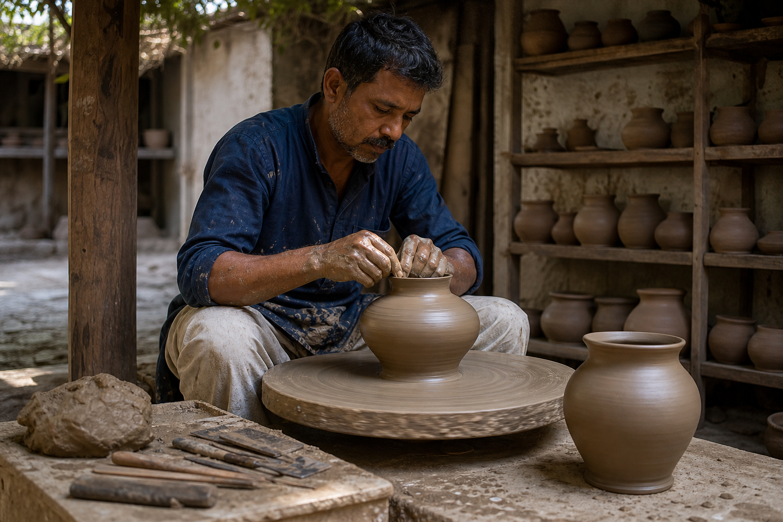 A potter works carefully at a wheel in an orderly courtyard workshop while prepared clay, tools and finished vessels surround the workspace.