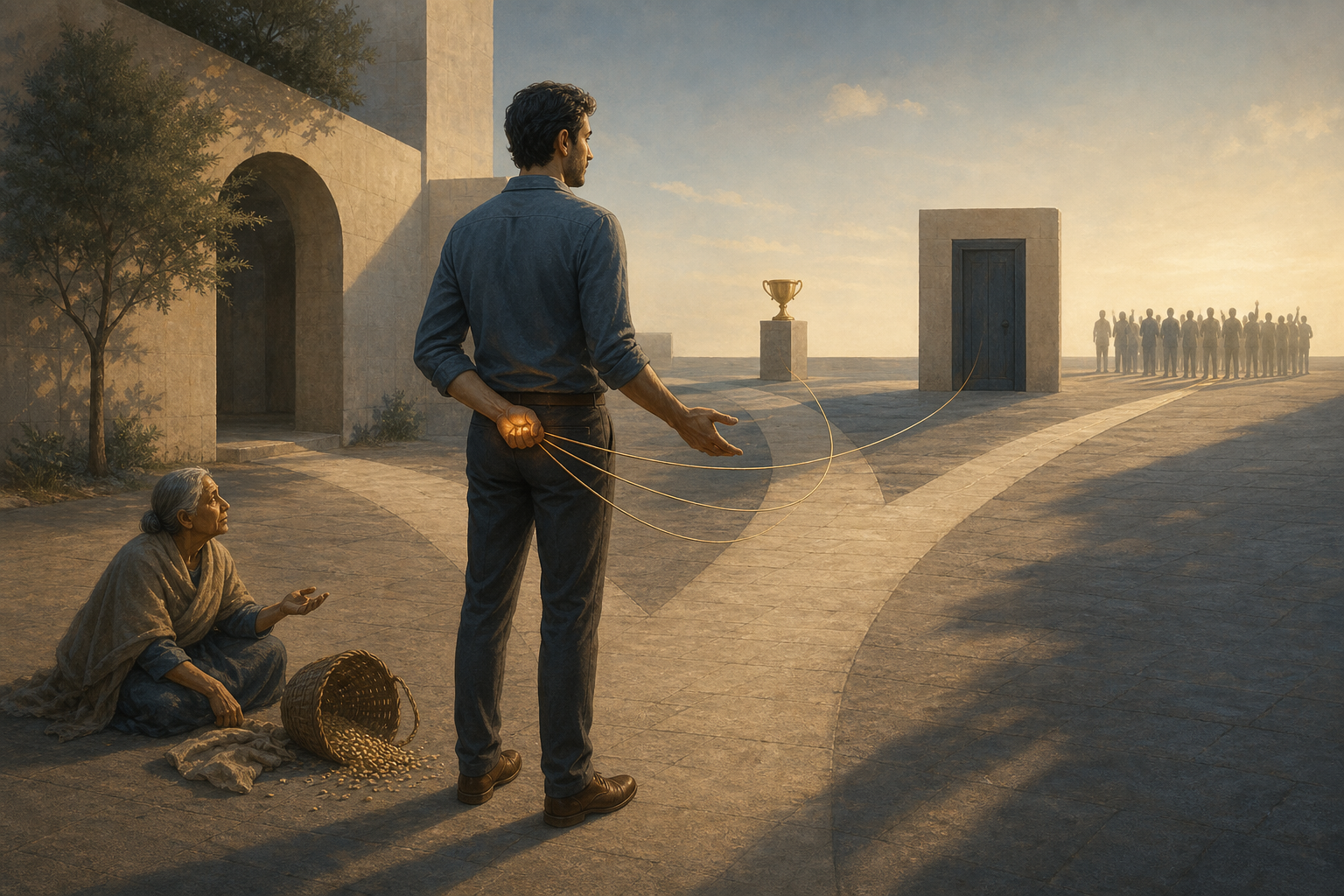 A calm-looking person secretly grips cords leading to symbols of reward and approval while a fallen basket and an older person waiting for assistance remain nearby.