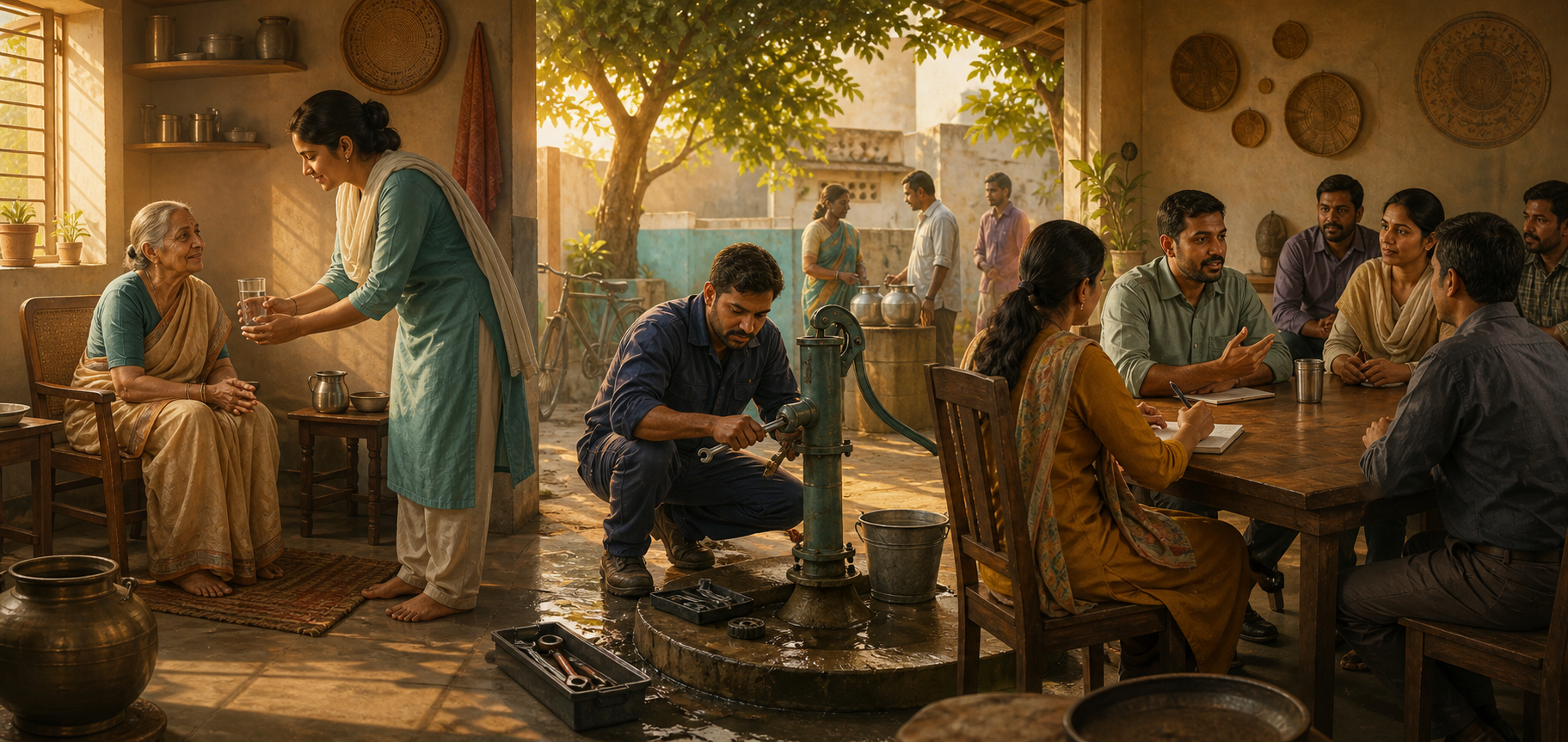 A caregiver assists an older adult, a craftsperson repairs a water pump, and colleagues speak across a table in three connected scenes of everyday duty.