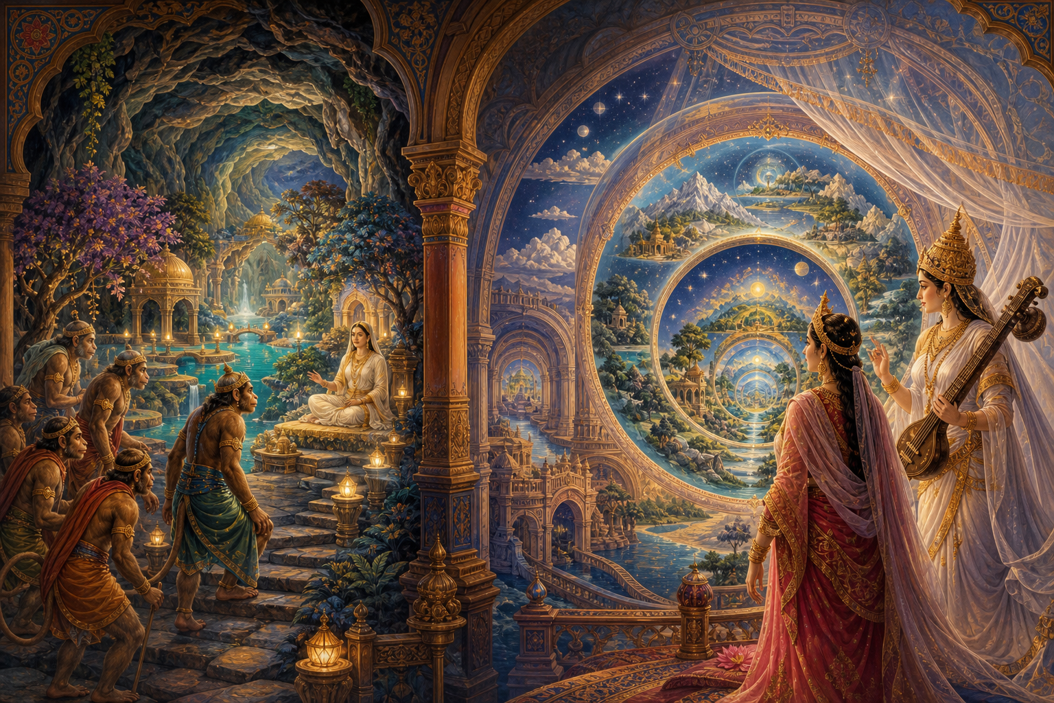 Vanara searchers enter Swayamprabha's luminous cavern while Queen Leela and Saraswati contemplate a cosmos nested beneath a canopy.