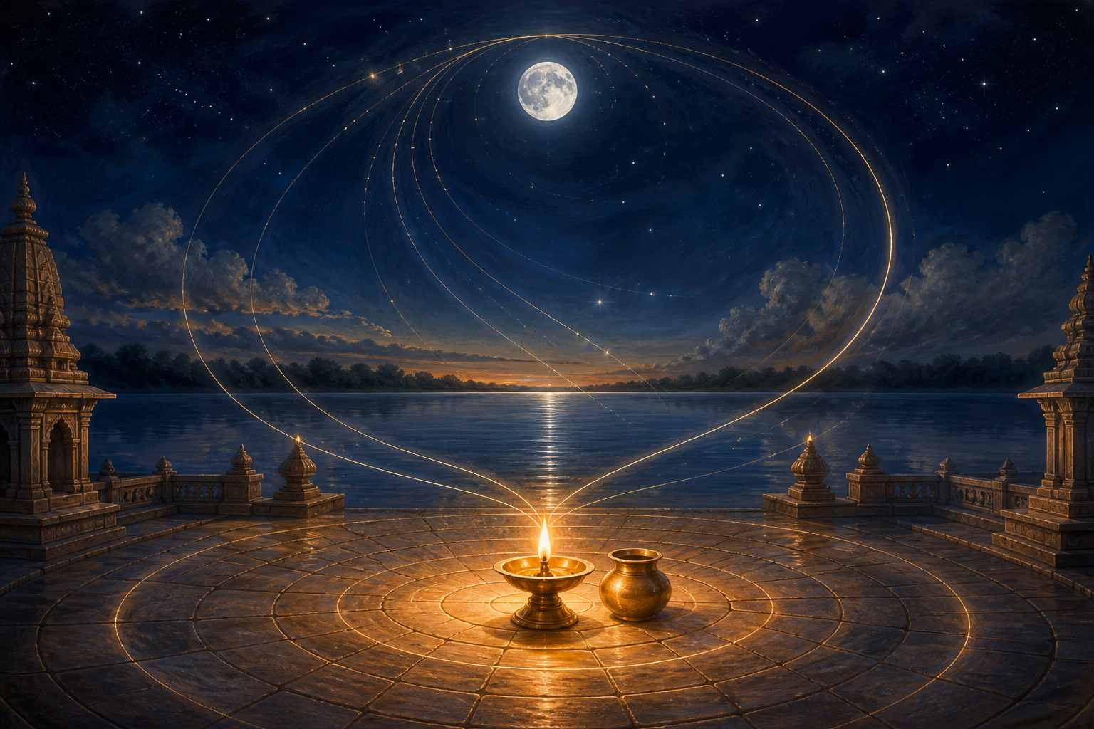 A brass lamp and water vessel sit on a temple terrace beneath a silver moon, with curved bands of light suggesting celestial movement.