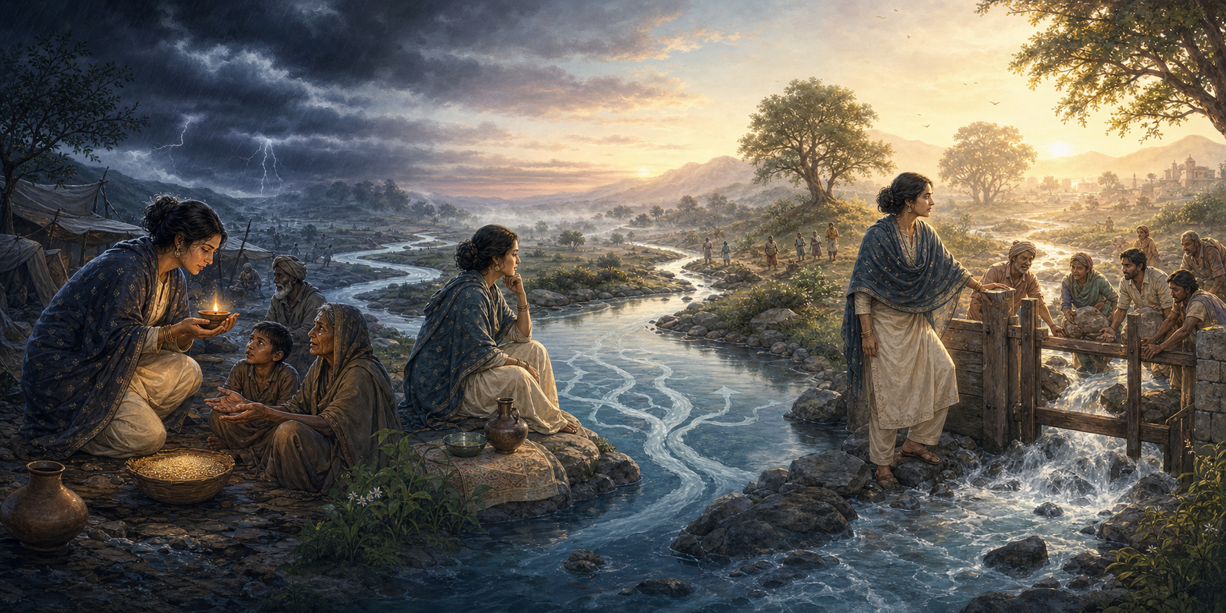 A continuous scene moves from sheltering a flame and sharing food, to reflection beside clear water, and finally to coordinated action reopening a blocked channel.