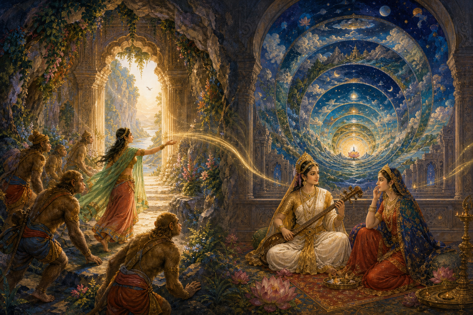 Swayamprabha leads vanara searchers through an enchanted cave as Leela and Saraswati sit beneath a vision of nested worlds.